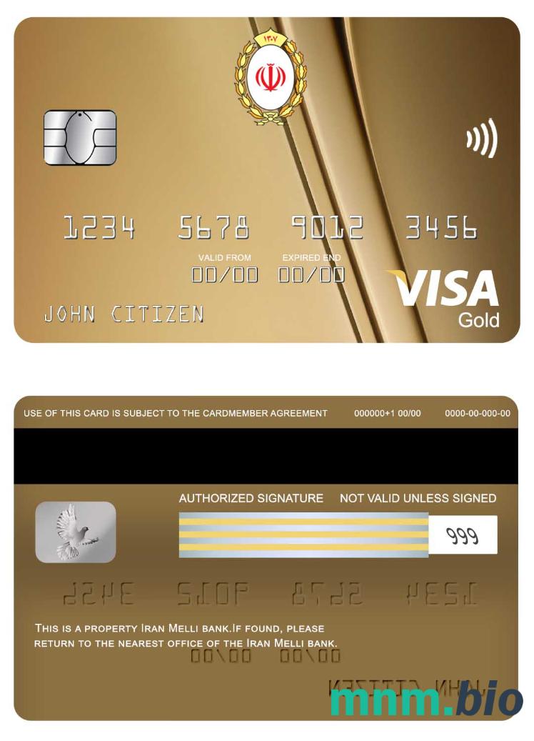 Iran Melli Bank visa złoto karta przykład w formacie PSD